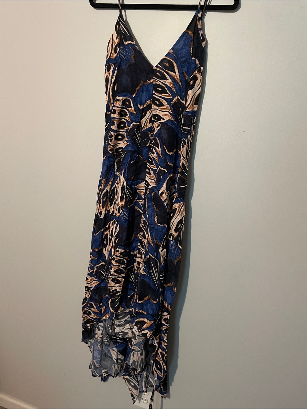 Open back butterfly Navy & Tan Abstract Slip Maxi Dress